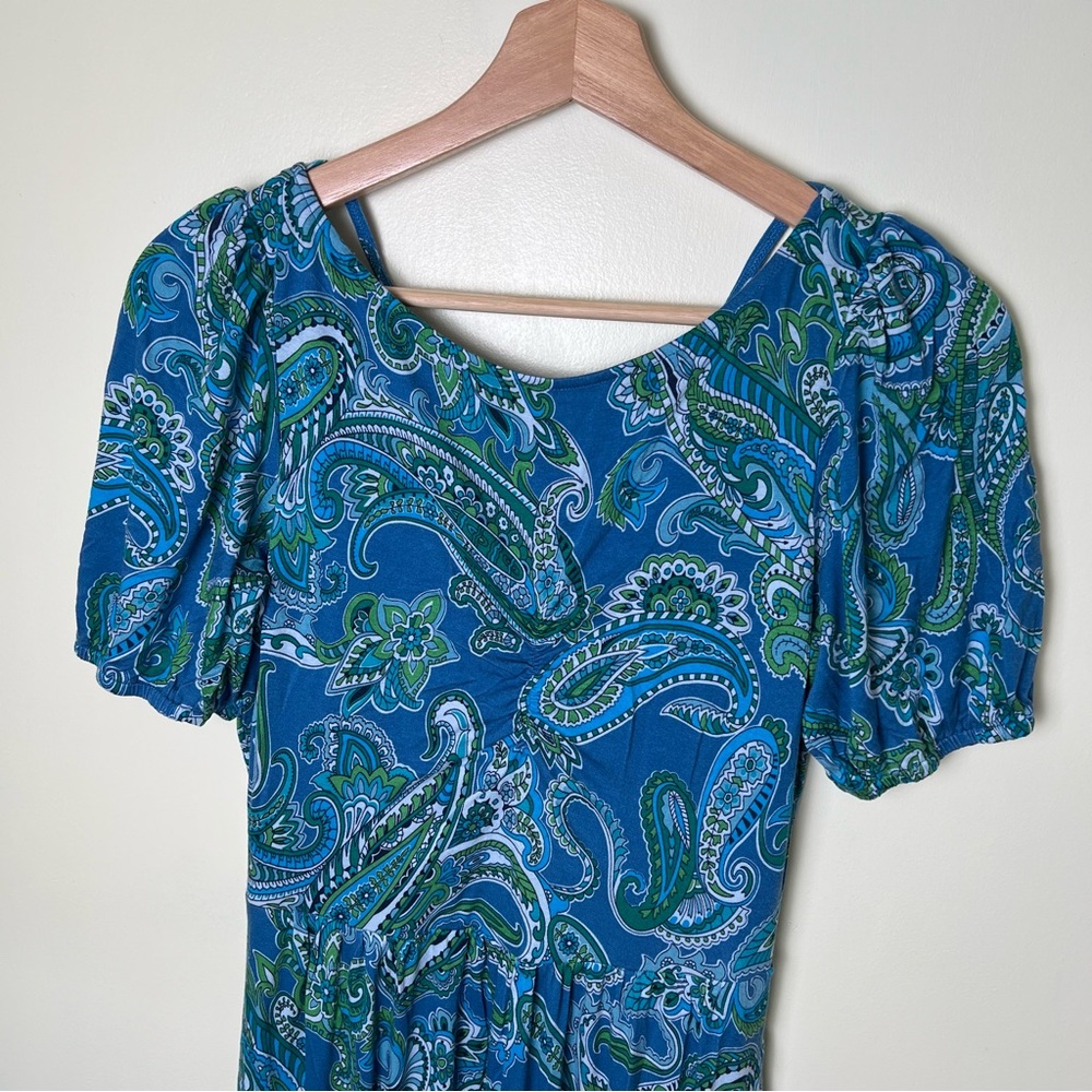Boden Paisley Blue Green Jersey Maxi Dress Cut Out Back Tiered Pockets Size 6 - Picture 5 of 14